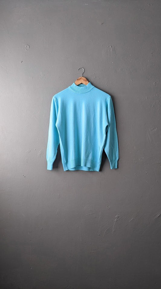 90s Aqua Blue High Neck Jumper, Wool Blend Pullover, Size Medium Large