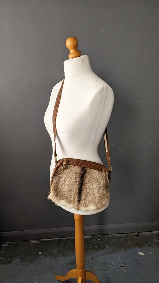 70s Deerskin Leather Shoulder Bag, Rustic Bohemian Fur Handbag