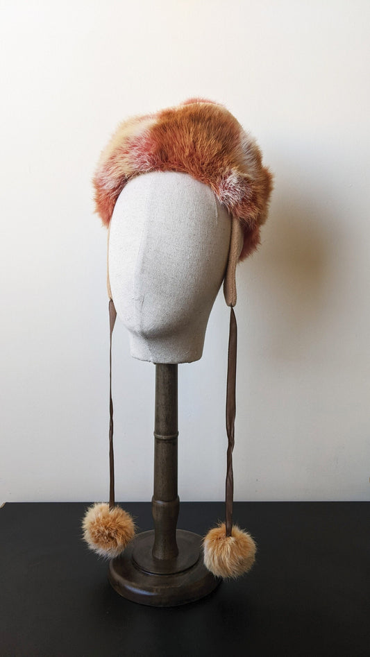 90s Russian Fur Hat with Ear Flaps and Pom Poms, Size Petite XS