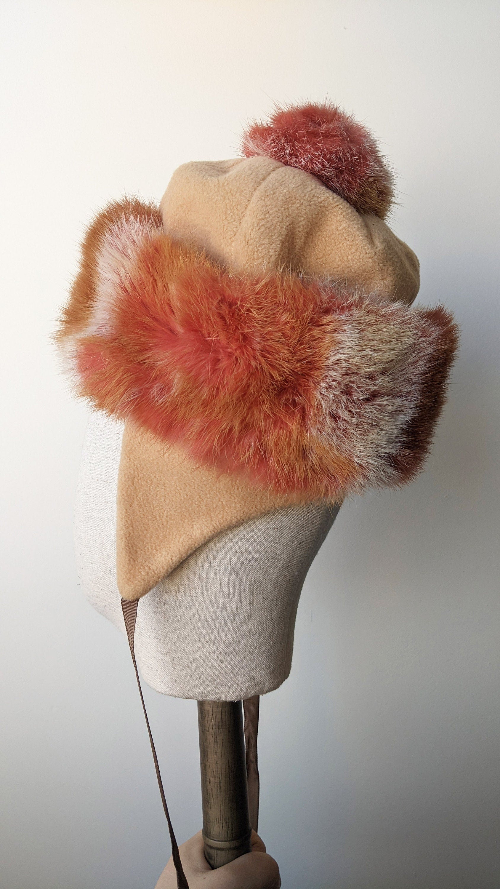 90s Russian Fur Hat with Ear Flaps and Pom Poms, Size Petite XS