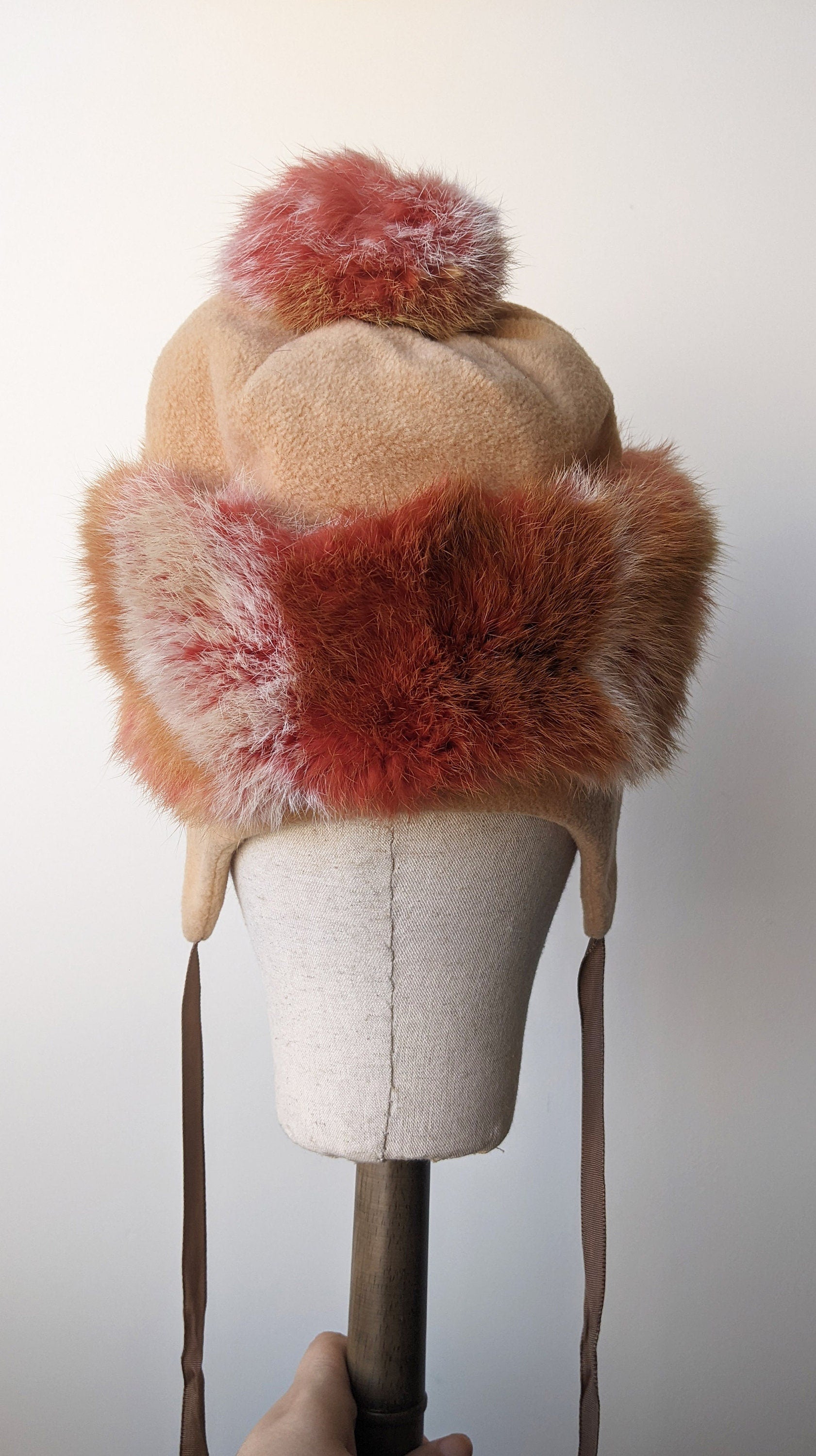 90s Russian Fur Hat with Ear Flaps and Pom Poms, Size Petite XS