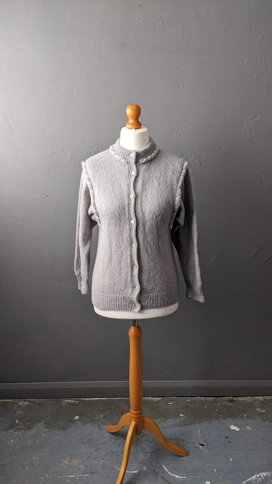 80s Soft Grey Cardigan, Vintage Handmade Knit, Size Small