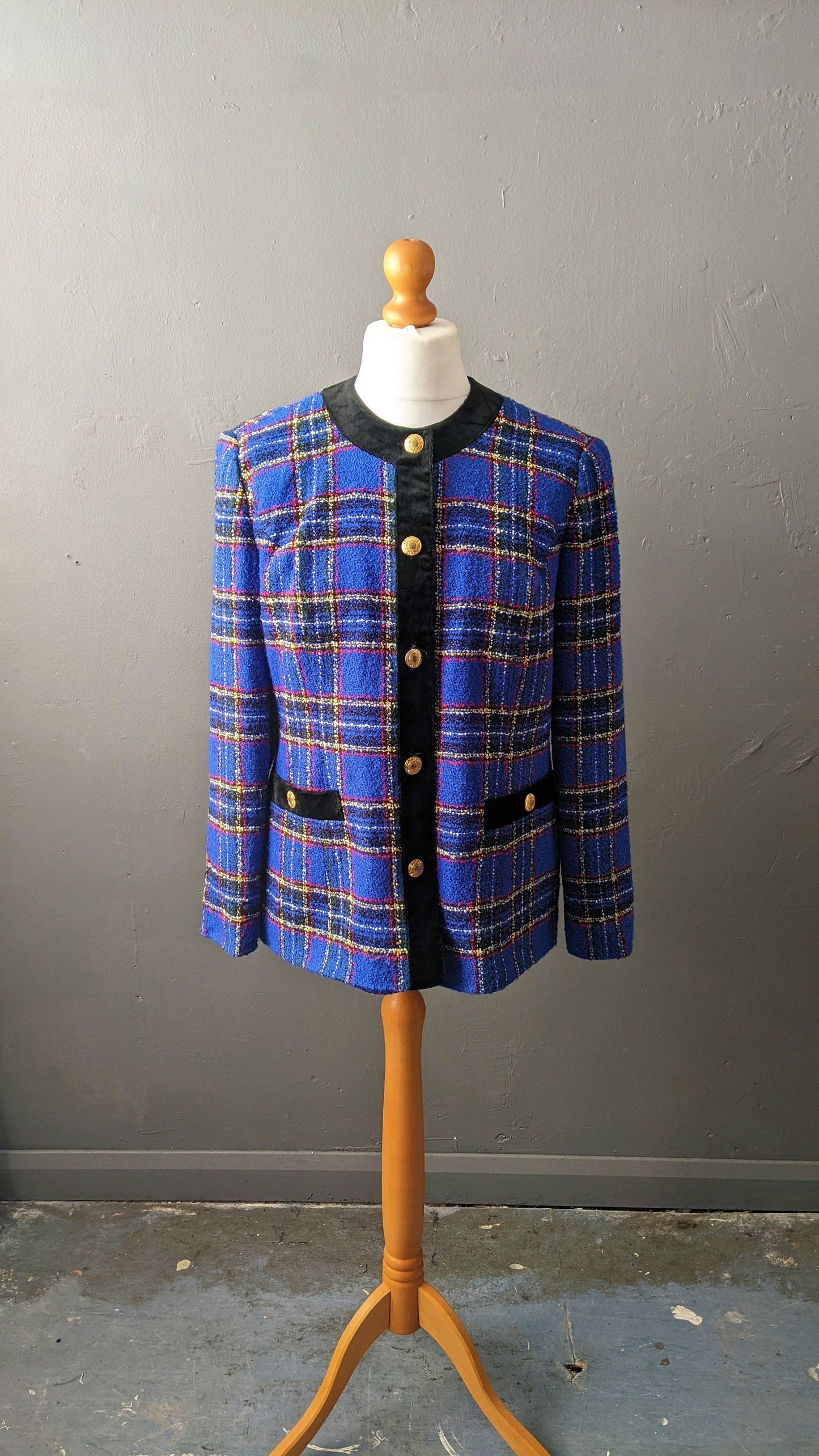 90s Electric Blue Plaid Jacket, Boucle Dress Blazer, Size Medium