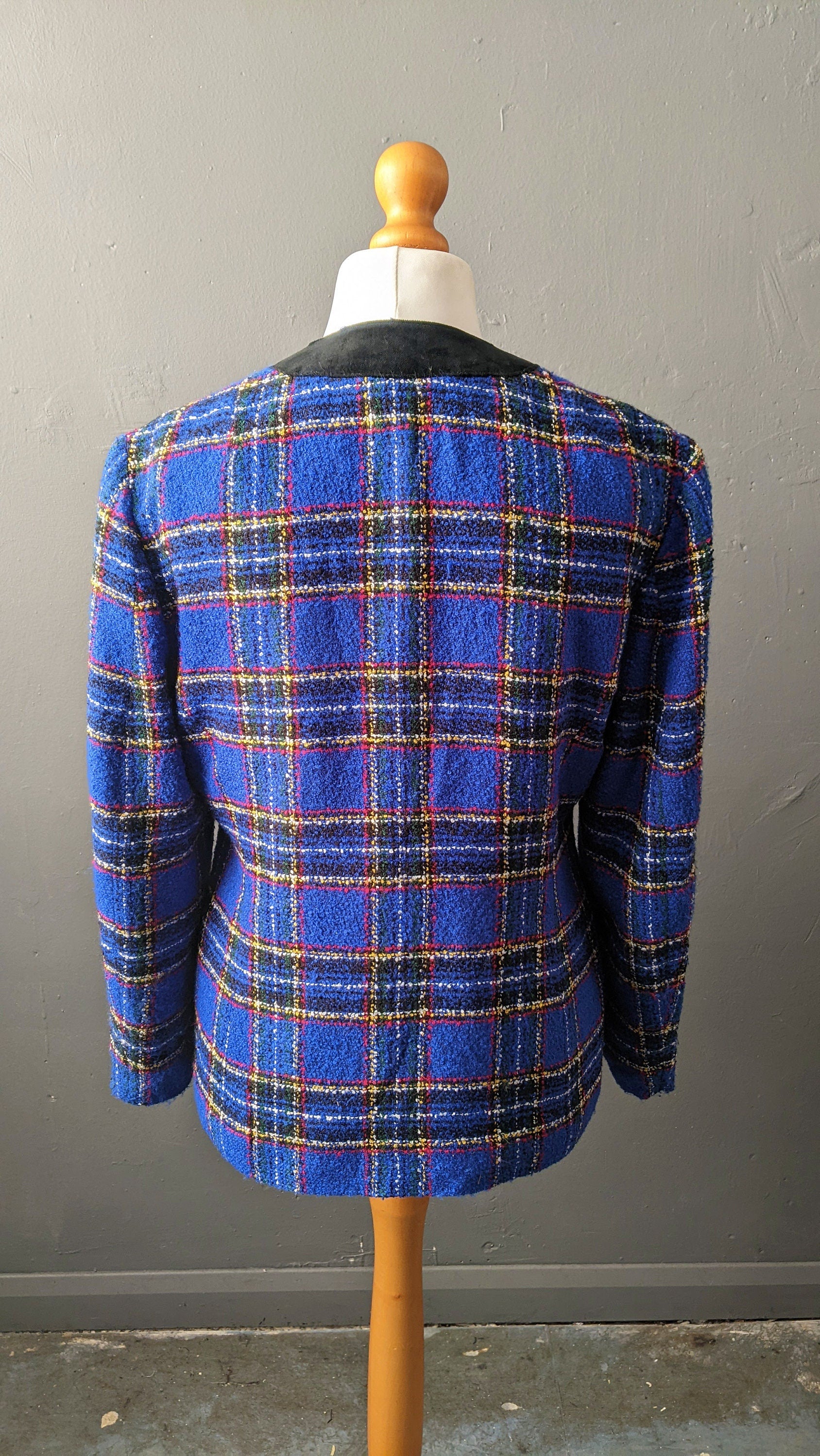 90s Electric Blue Plaid Jacket, Boucle Dress Blazer, Size Medium