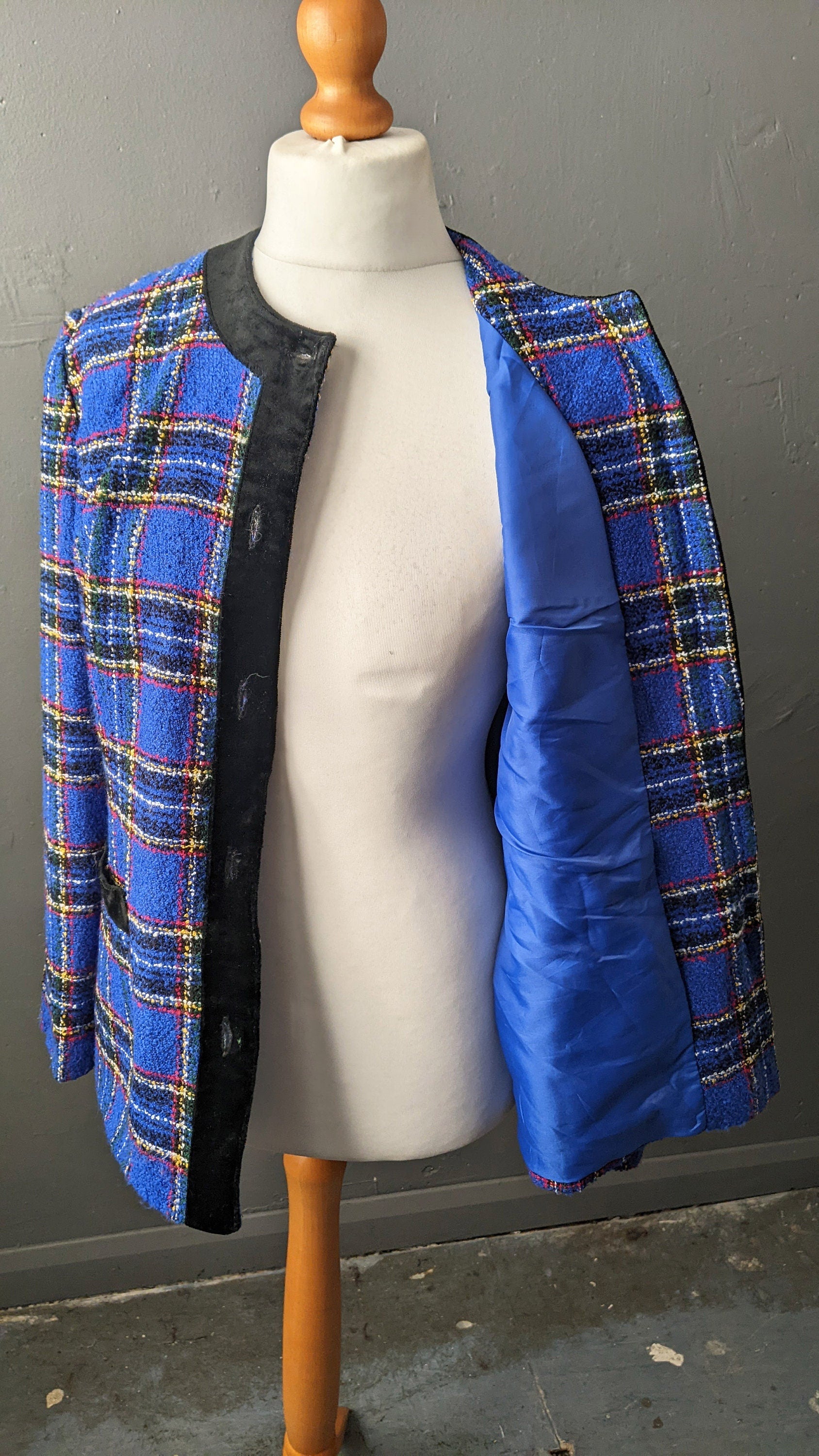 90s Electric Blue Plaid Jacket, Boucle Dress Blazer, Size Medium