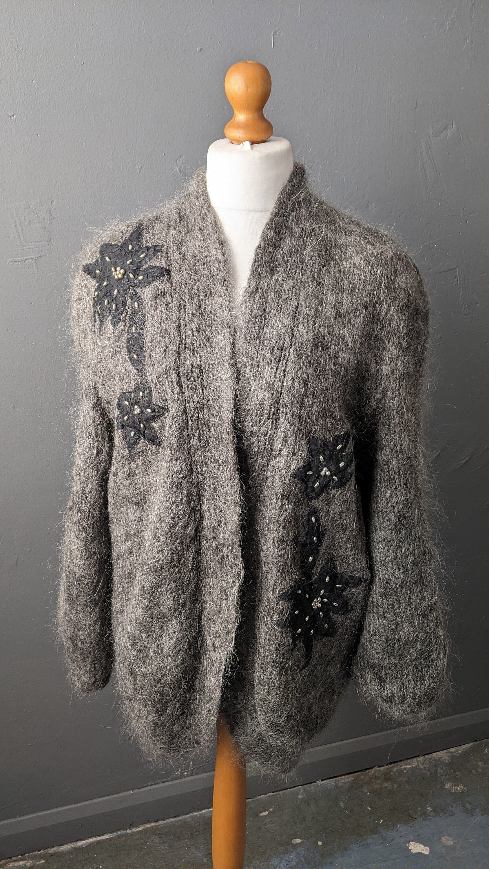 80s Embellished Mohair Cardigan, Beaded Cocoon Coatigan, Size Medium