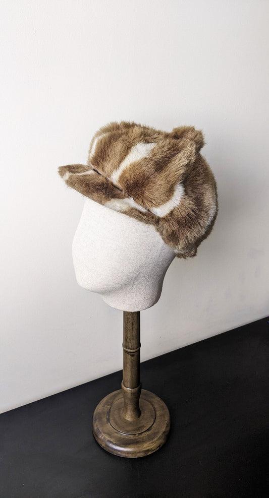 90s Striped Fake Fur Cap, Furry Winter Hat, Size Medium