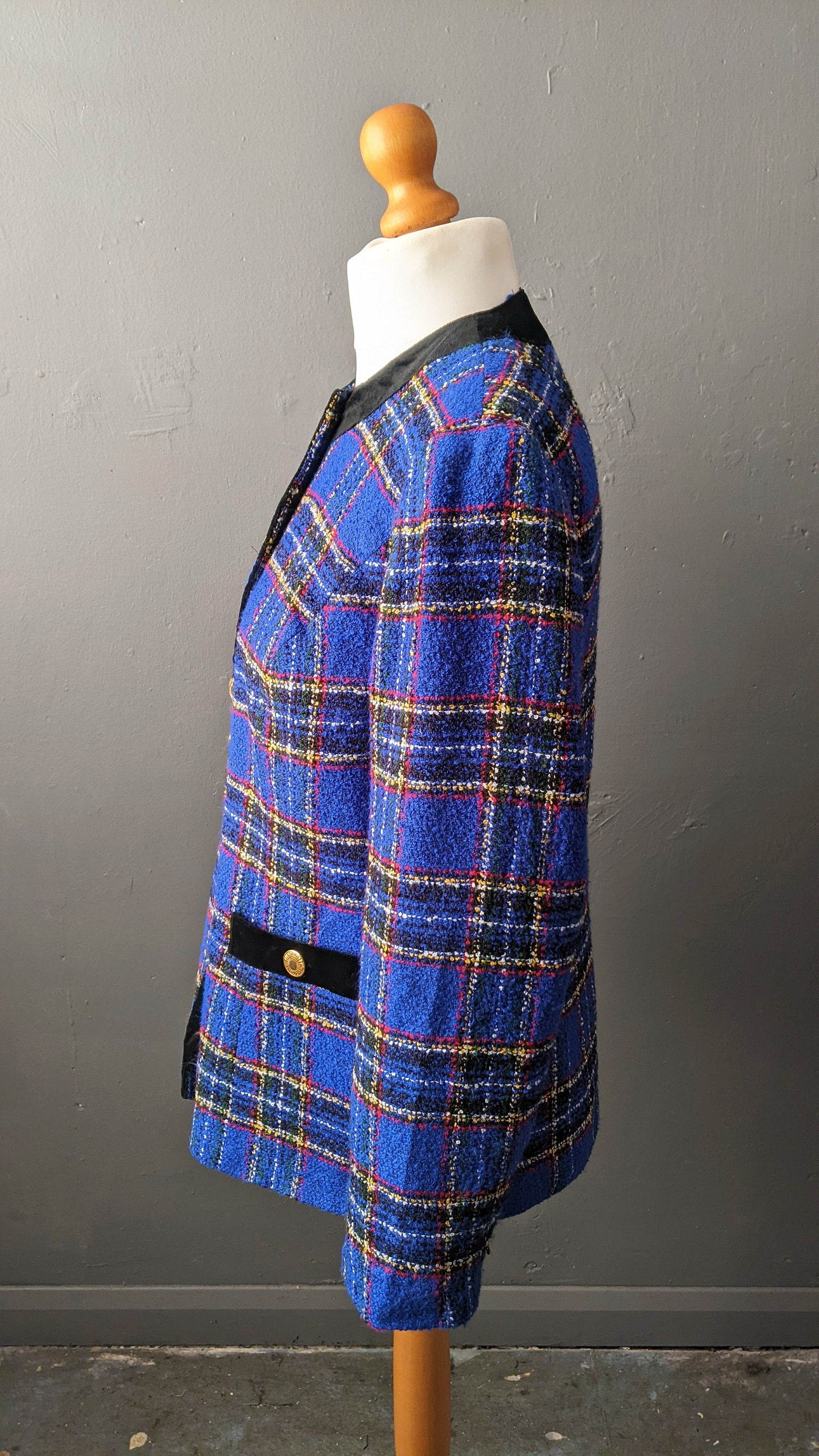 90s Electric Blue Plaid Jacket, Boucle Dress Blazer, Size Medium