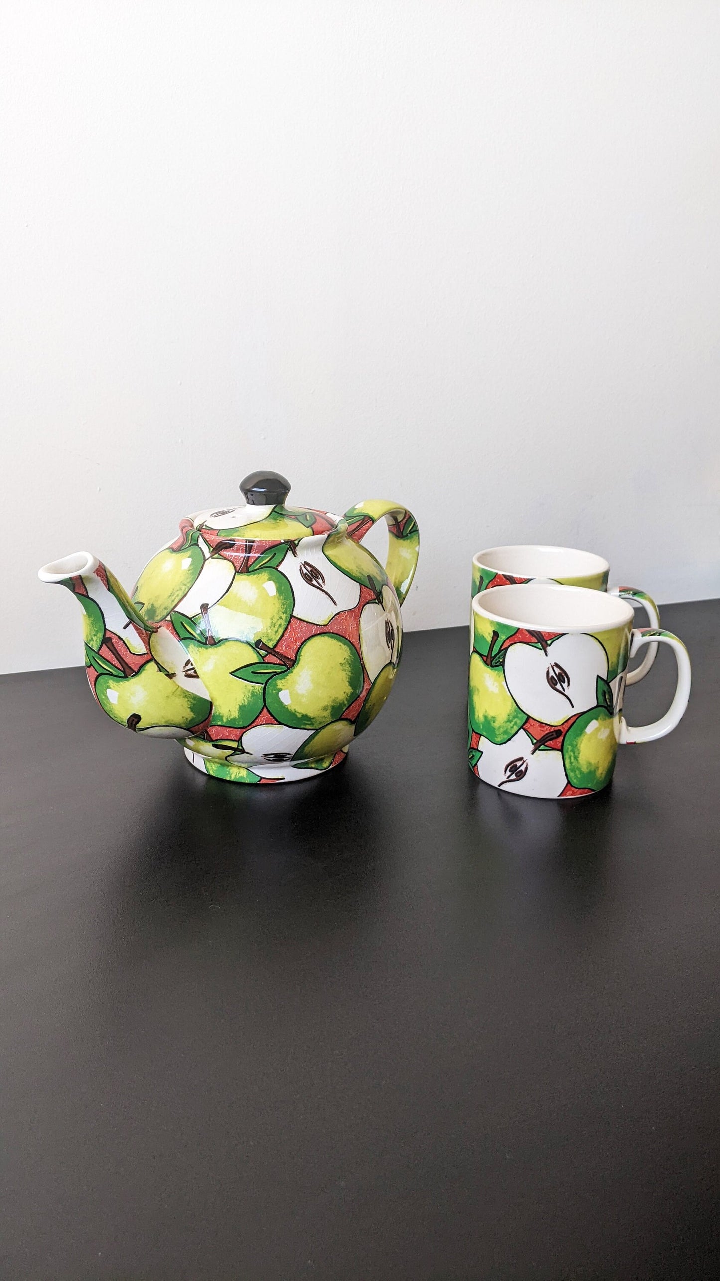 90s Colourful Apples Teapot and Tea Mugs by Cardew Designs, British Studio Pottery