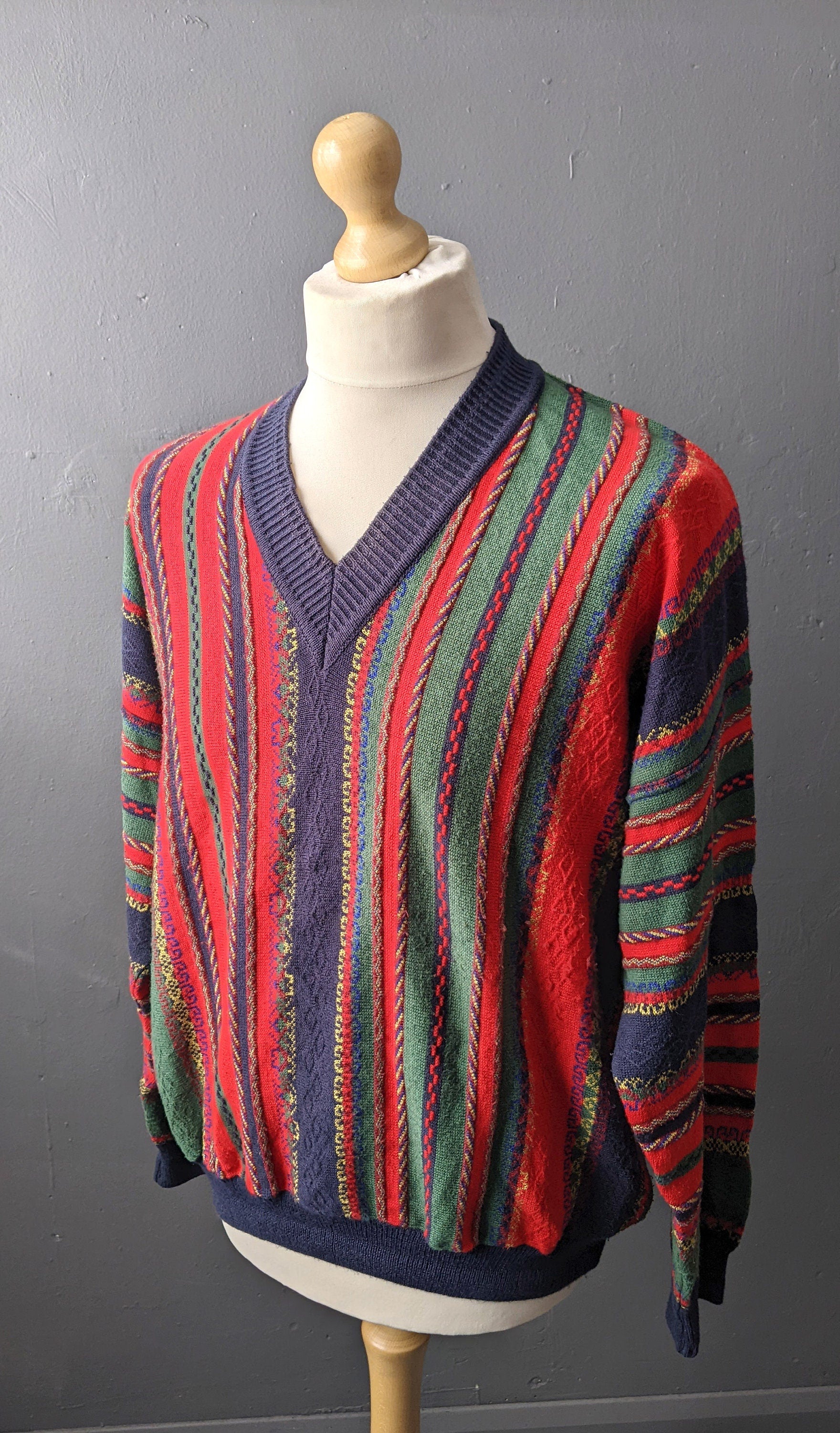 80s Colourful Stripes Jumper by Frank Alexs, 3D Knit Pullover, Size Large XL