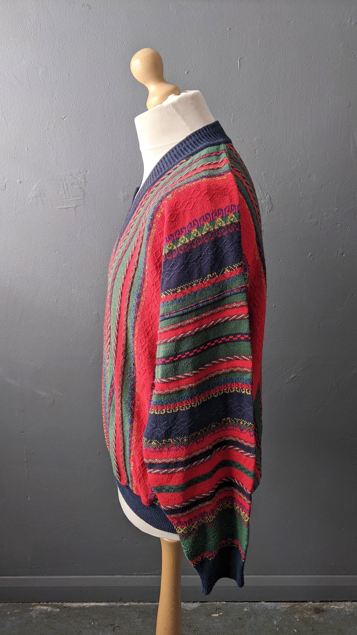 80s Colourful Stripes Jumper by Frank Alexs, 3D Knit Pullover, Size Large XL