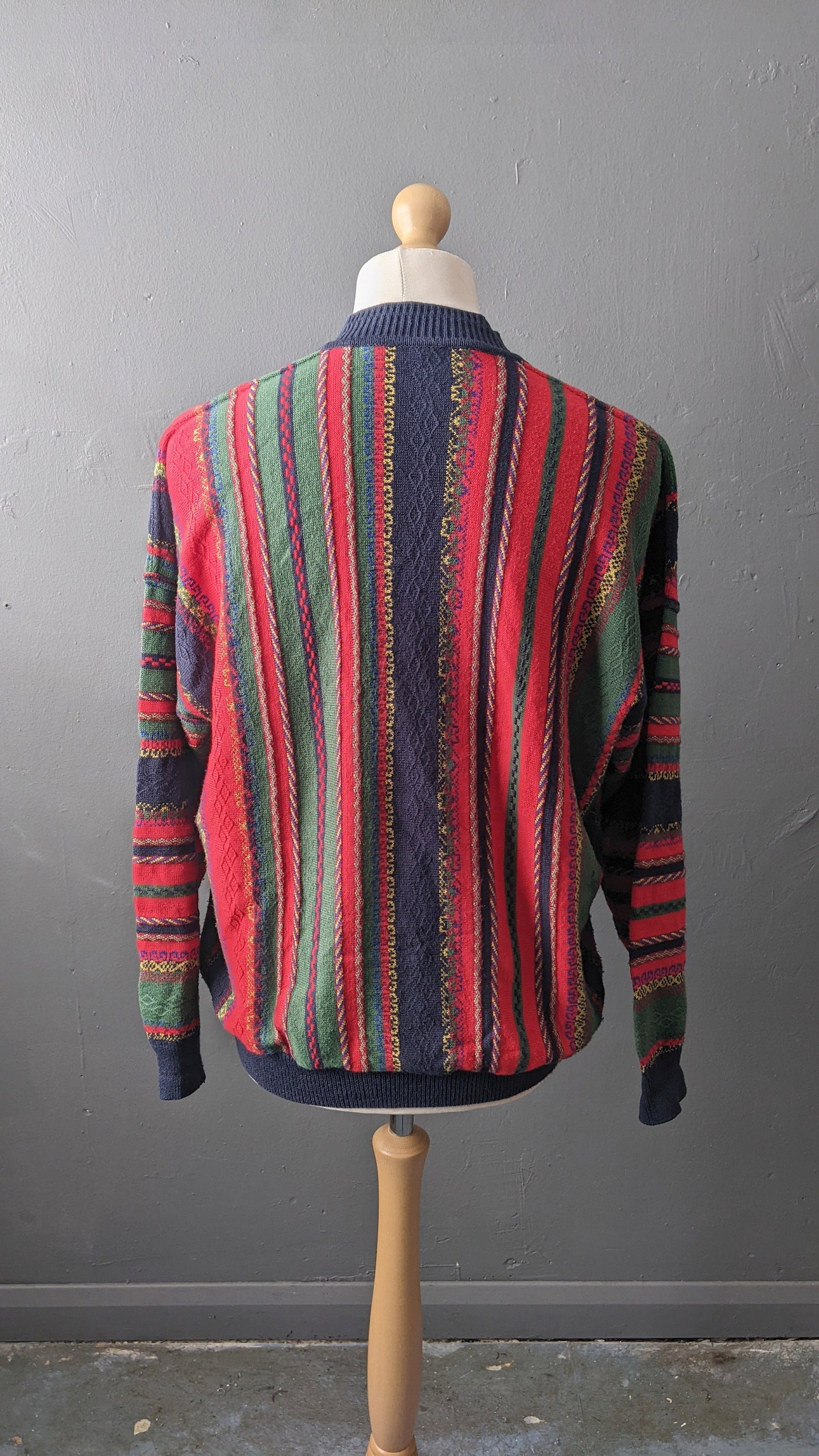 80s Colourful Stripes Jumper by Frank Alexs, 3D Knit Pullover, Size Large XL