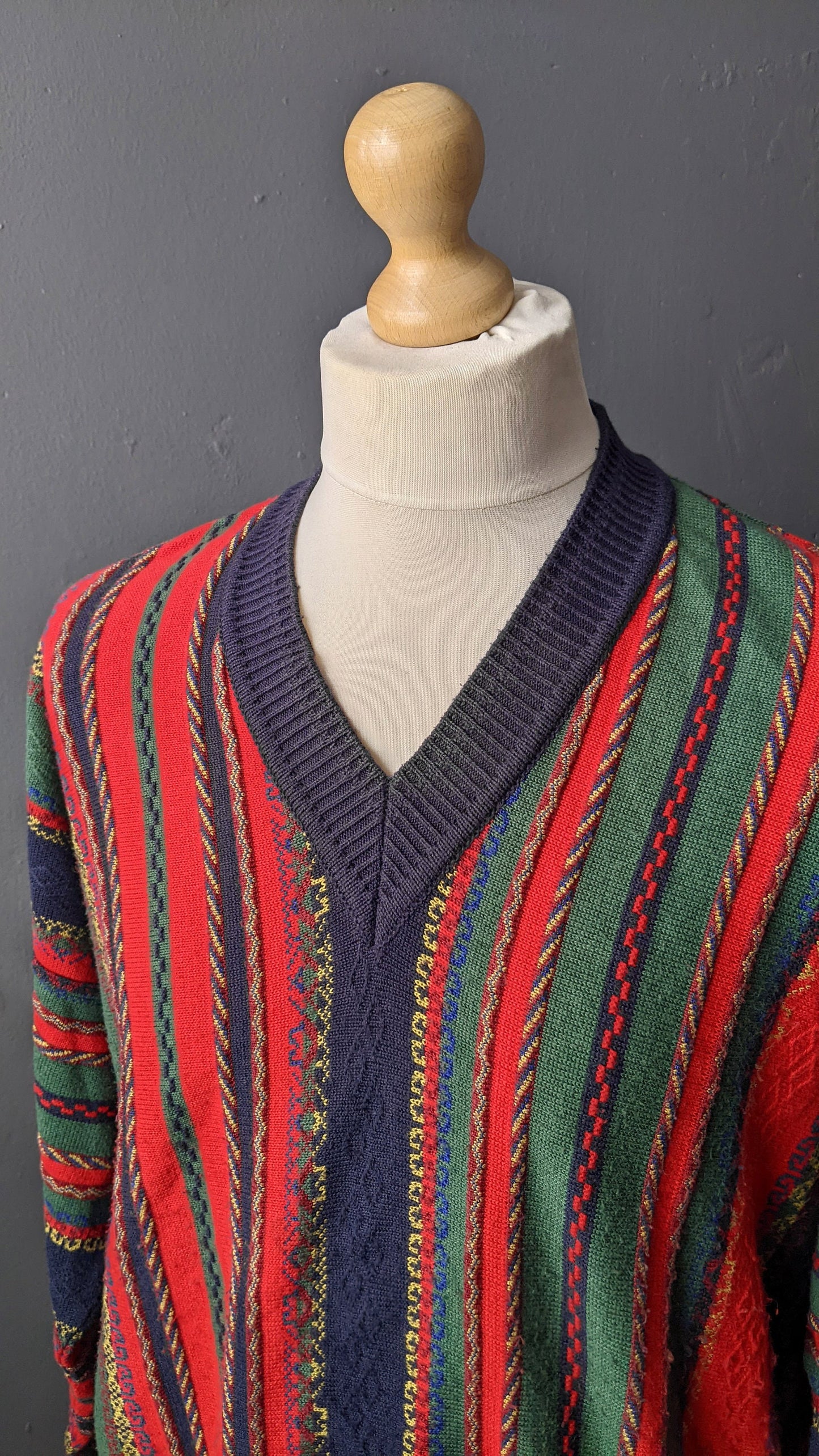 80s Colourful Stripes Jumper by Frank Alexs, 3D Knit Pullover, Size Large XL