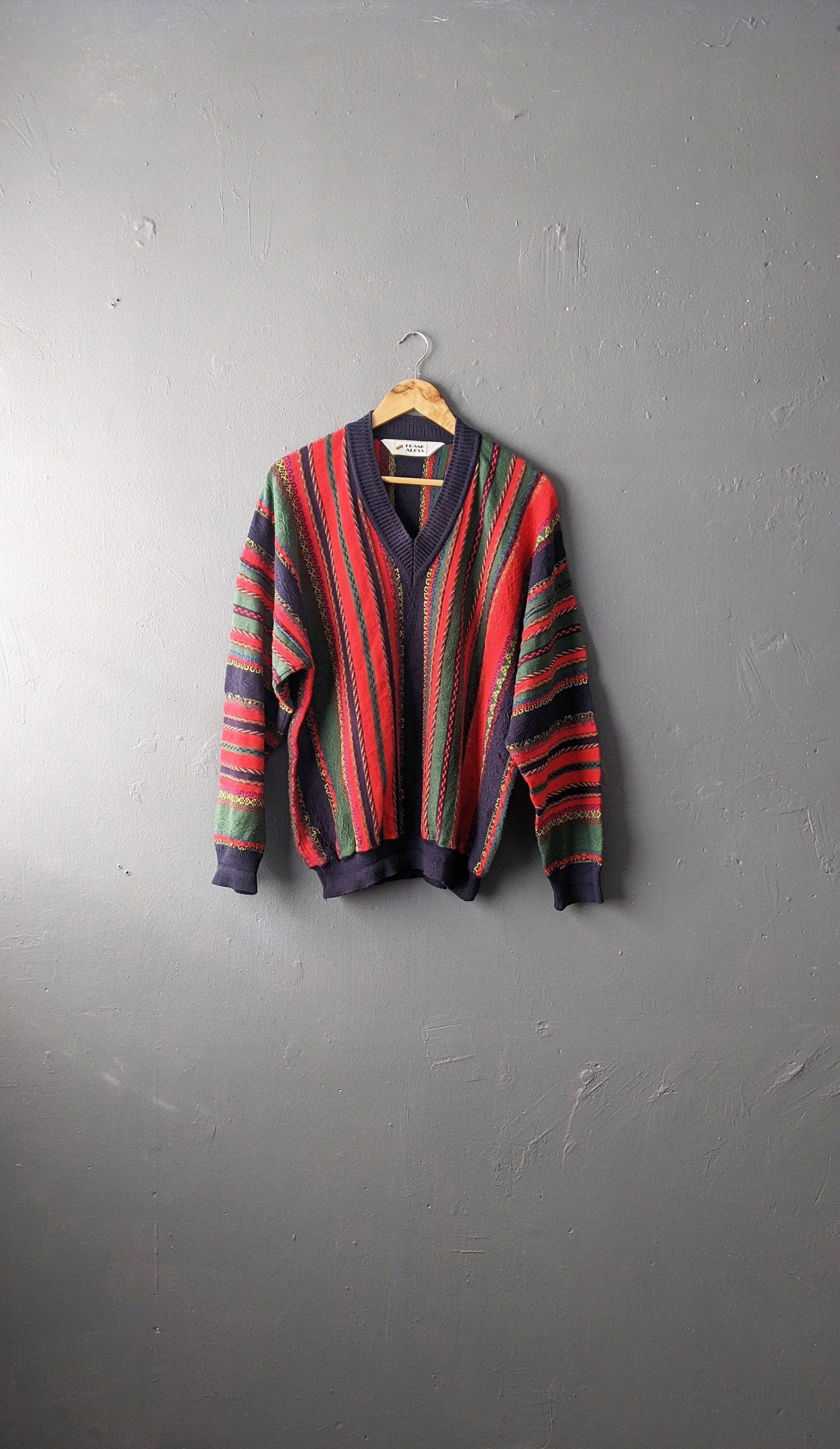 80s Colourful Stripes Jumper by Frank Alexs, 3D Knit Pullover, Size Large XL