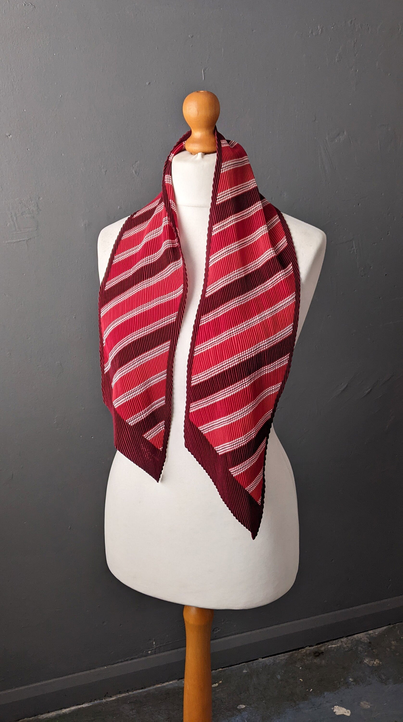 70s Pleated Scarf by Yves Saint Helene, Diagonal Striped Plisse Neckwear