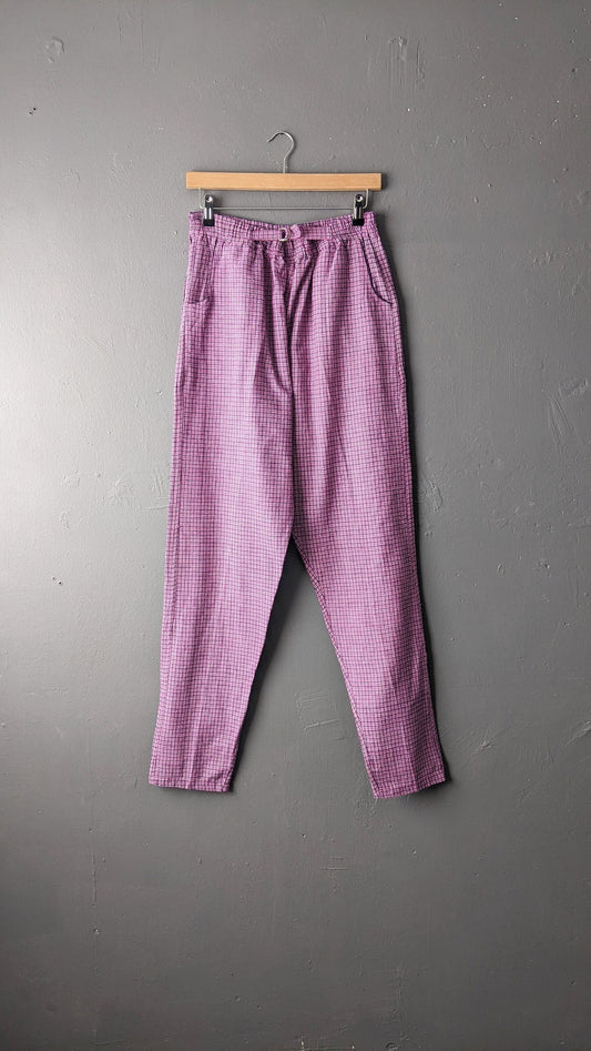 80s Pink and Purple Check Trousers, Cotton Tapered Fit, Size Medium