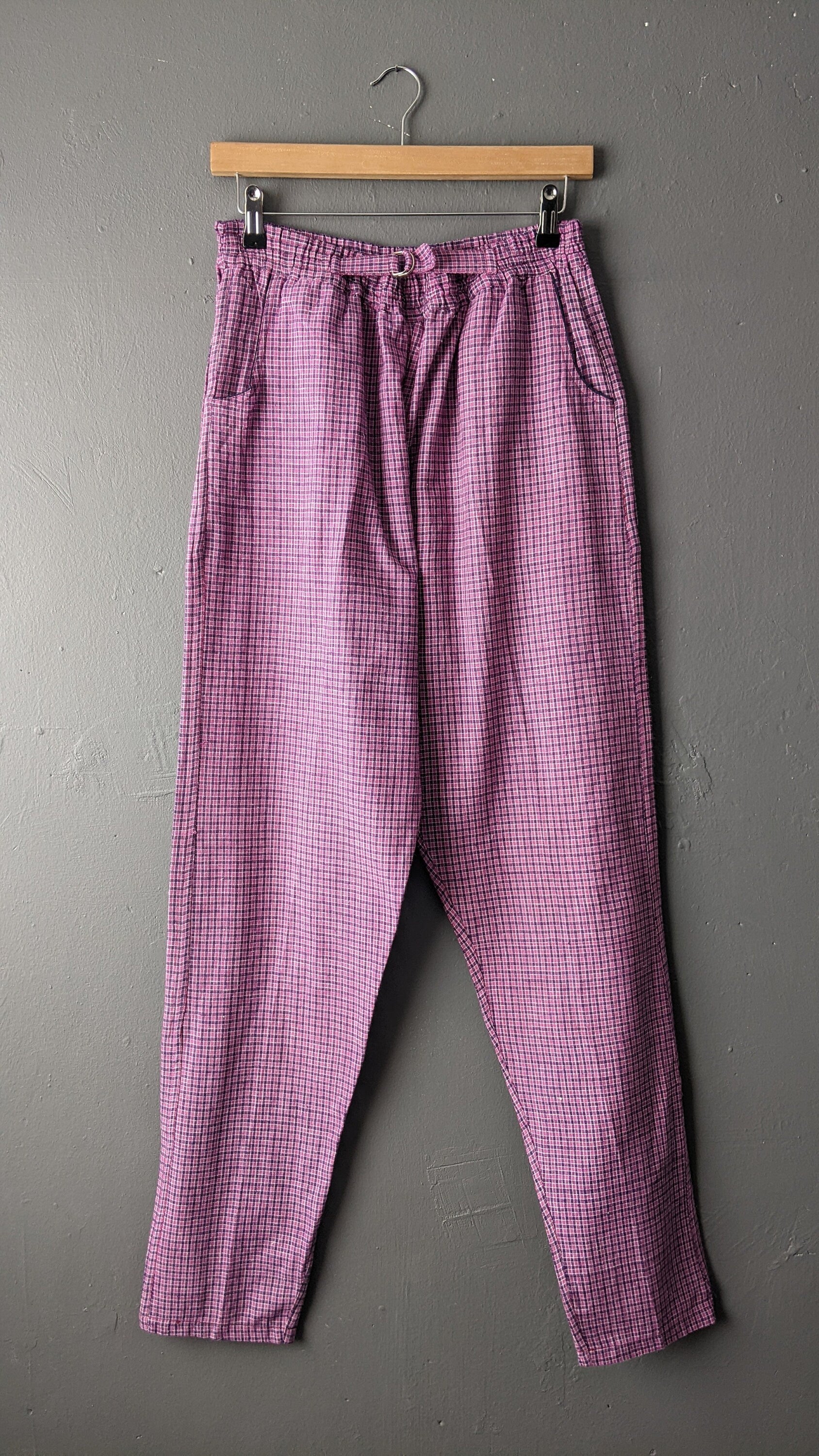 80s Pink and Purple Check Trousers, Cotton Tapered Fit, Size Medium