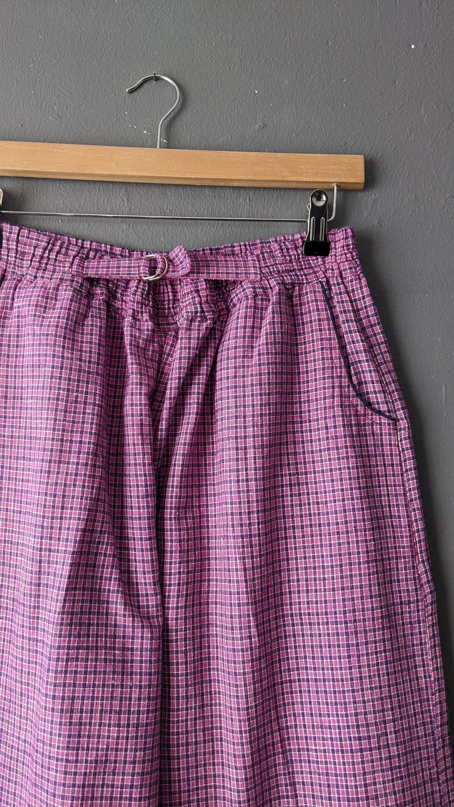 80s Pink and Purple Check Trousers, Cotton Tapered Fit, Size Medium