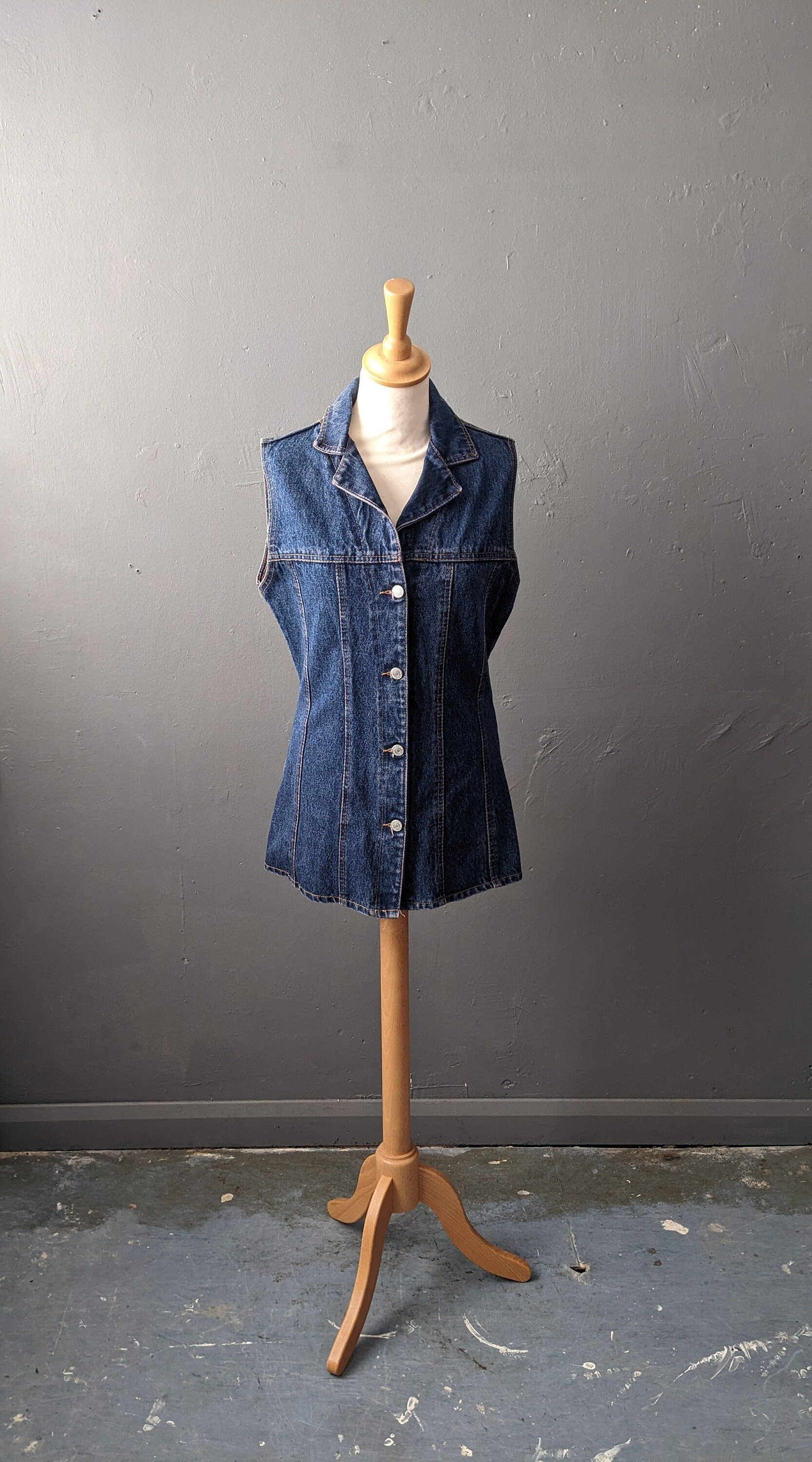 90s Indigo Denim Waistcoat by New Frontier, Long Sleeveless Jean Gilet Vest, Overdyed, Size Small