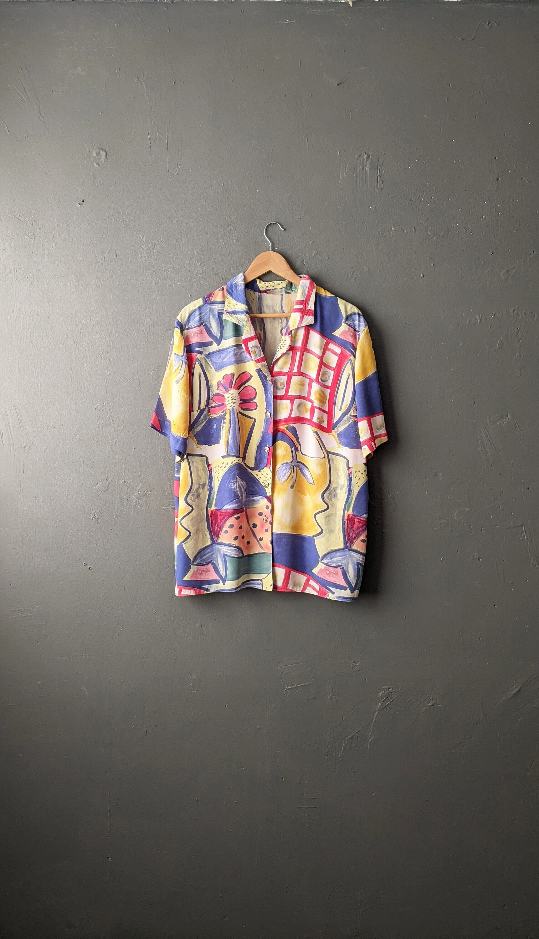 80s Colourful Viscose Blouse, Abstract Fruity Shirt, Size Large XL