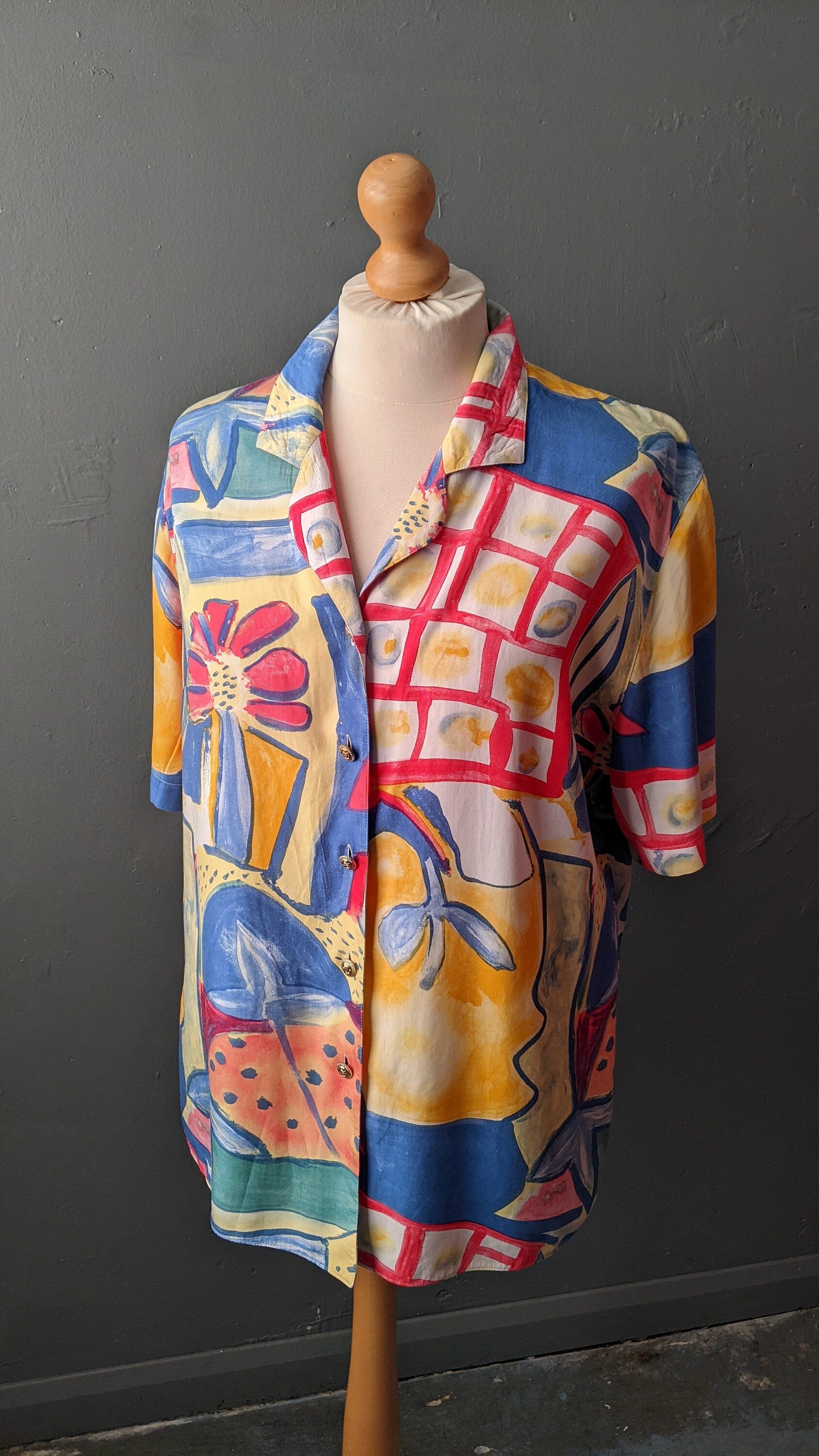 80s Colourful Viscose Blouse, Abstract Fruity Shirt, Size Large XL