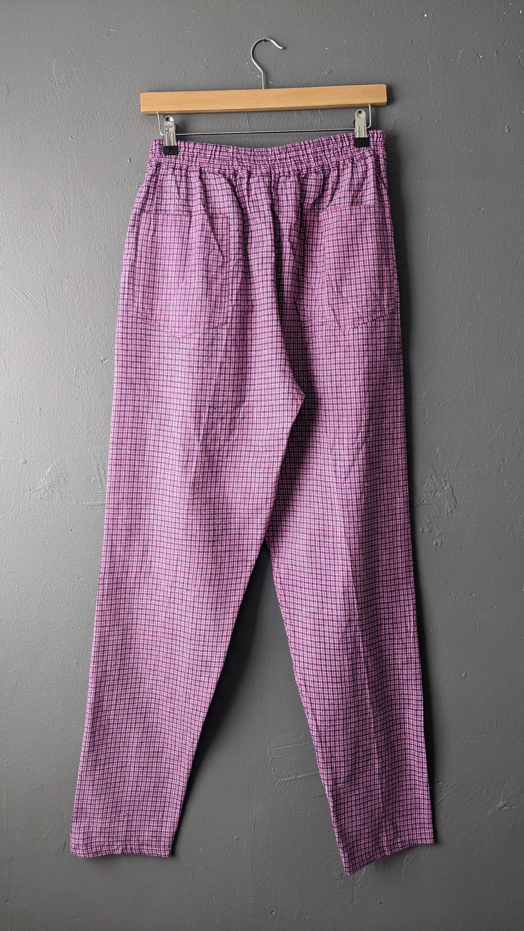 80s Pink and Purple Check Trousers, Cotton Tapered Fit, Size Medium