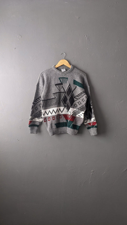 80s Grey Abstract Jumper, Acrylic Geometric Knit Pullover, 40 Chest