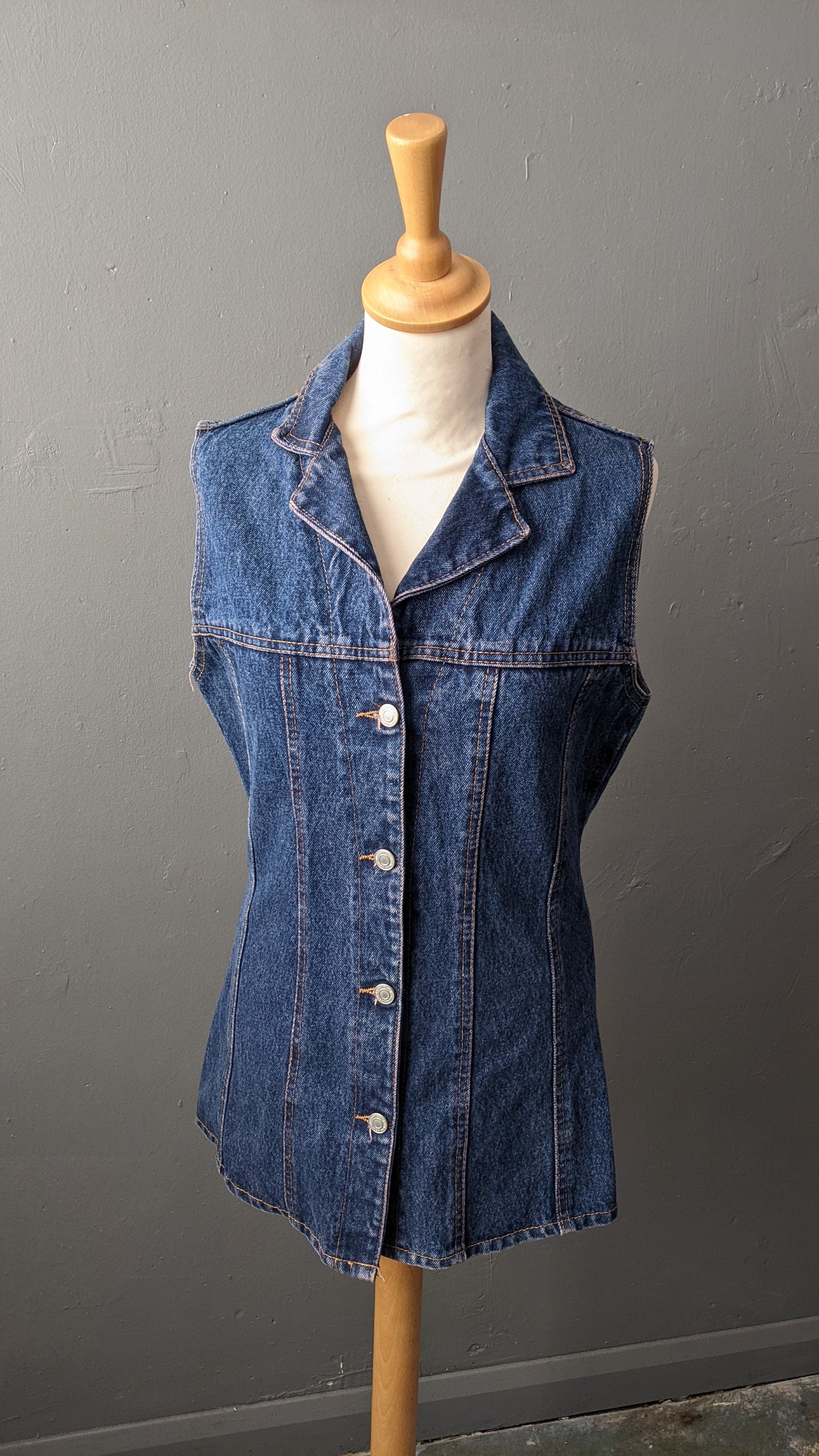 90s Indigo Denim Waistcoat by New Frontier, Long Sleeveless Jean Gilet Vest, Overdyed, Size Small