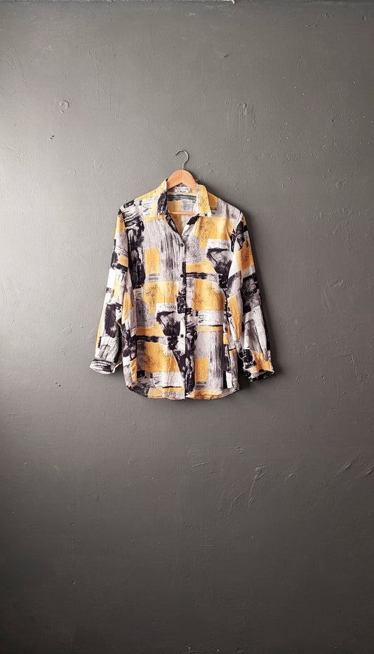 80s Painterly Abstract Shirt, Bold Loose Blouse, Size Medium Large