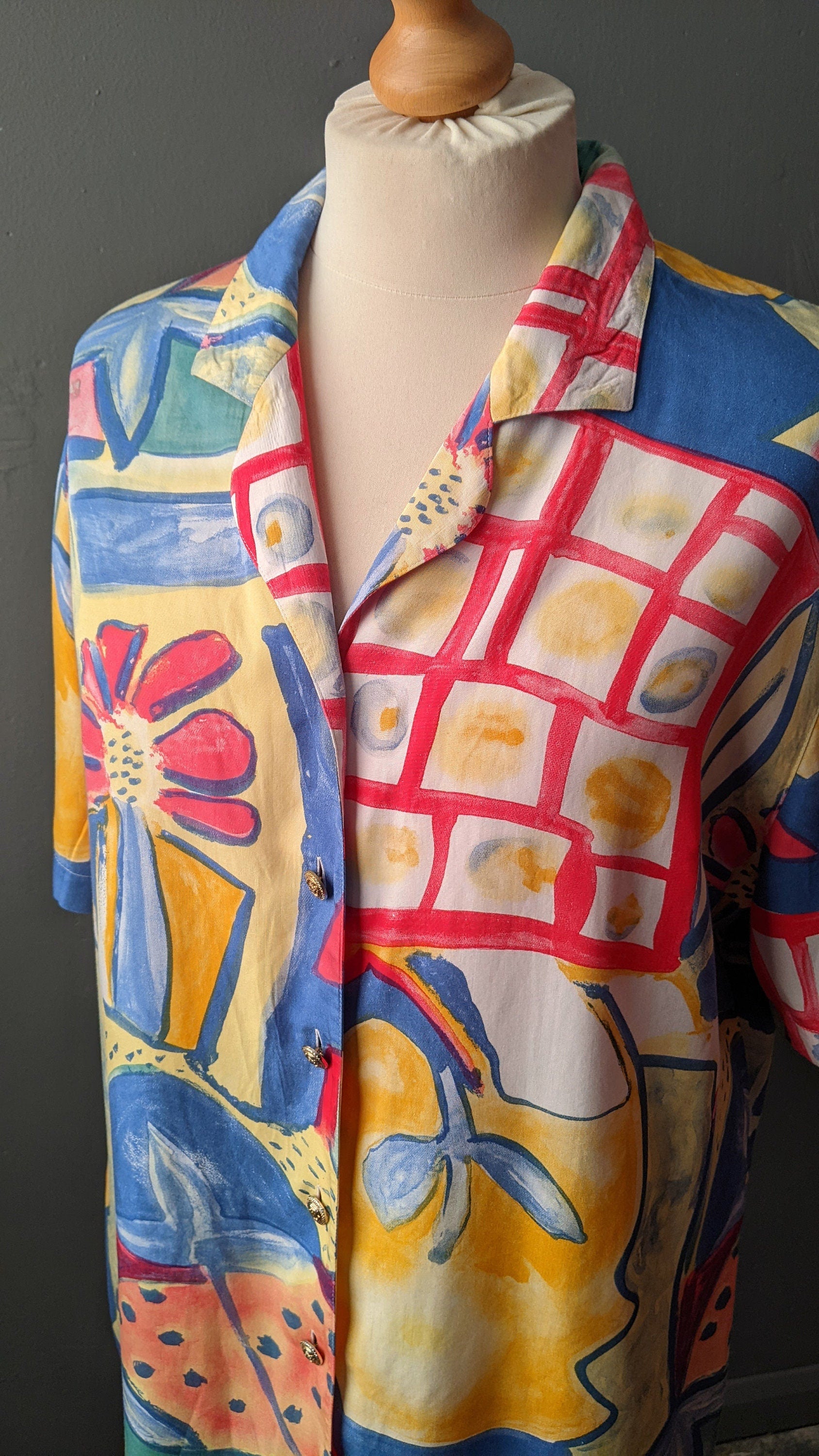 80s Colourful Viscose Blouse, Abstract Fruity Shirt, Size Large XL