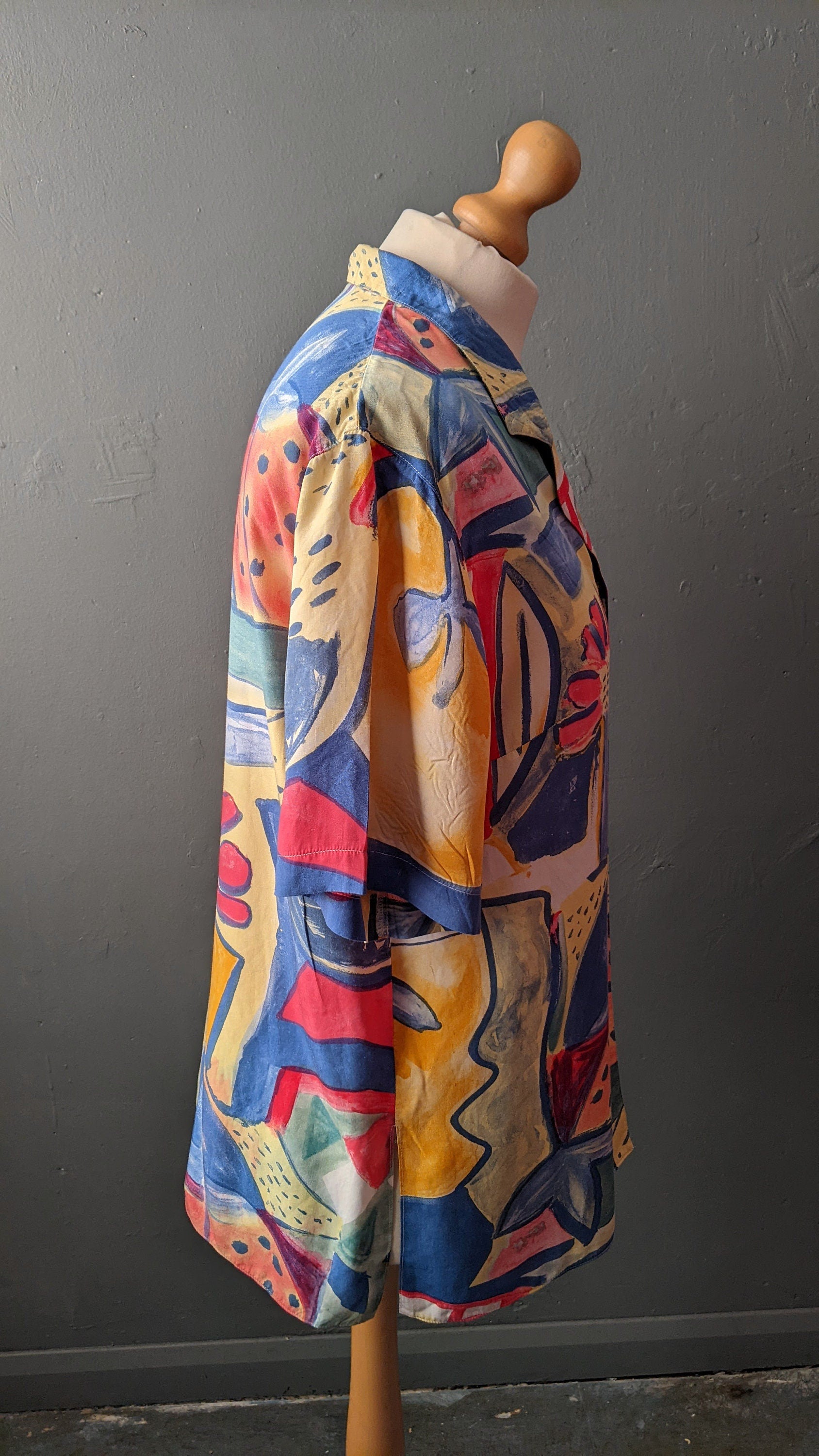 80s Colourful Viscose Blouse, Abstract Fruity Shirt, Size Large XL