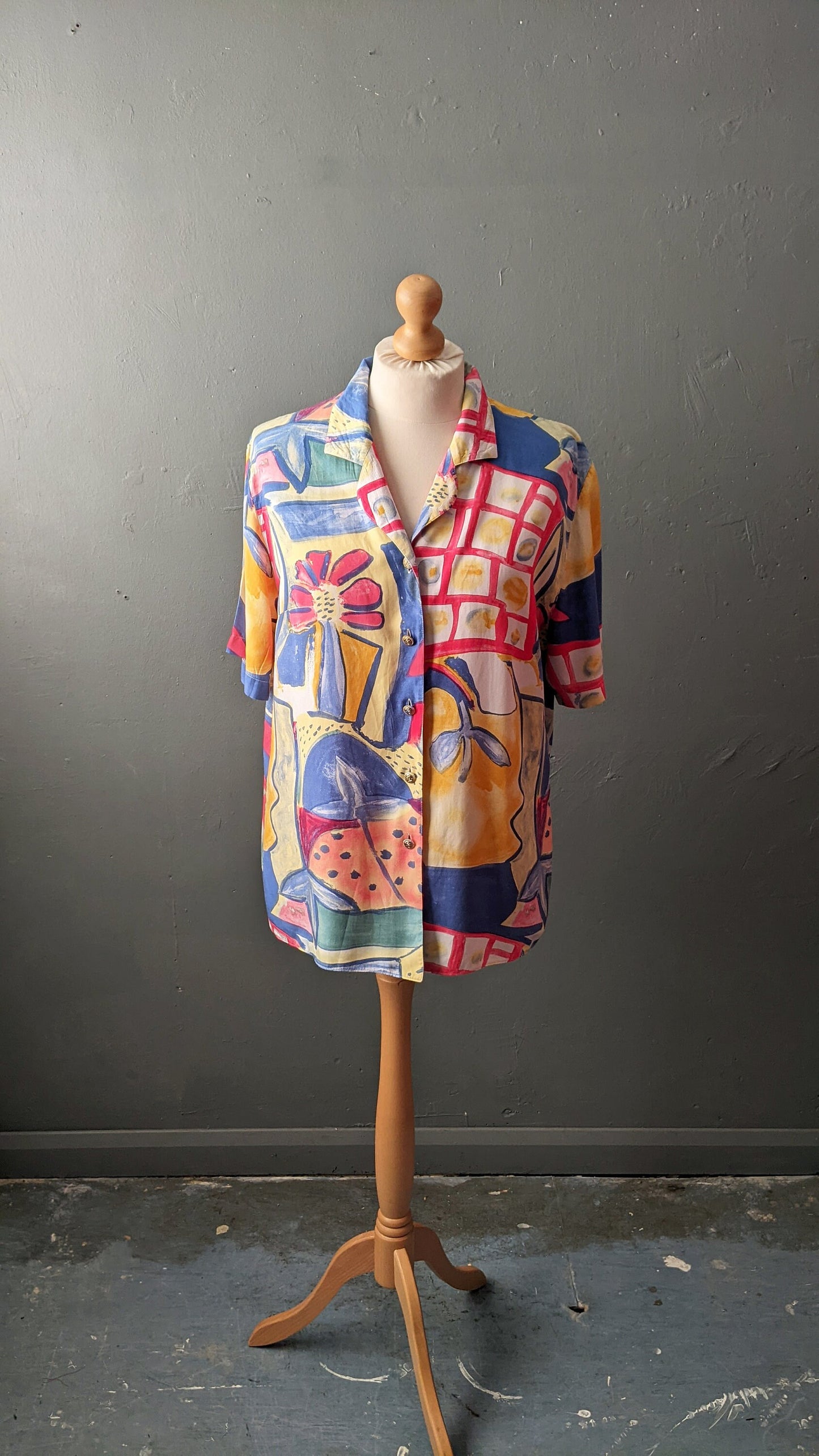 80s Colourful Viscose Blouse, Abstract Fruity Shirt, Size Large XL