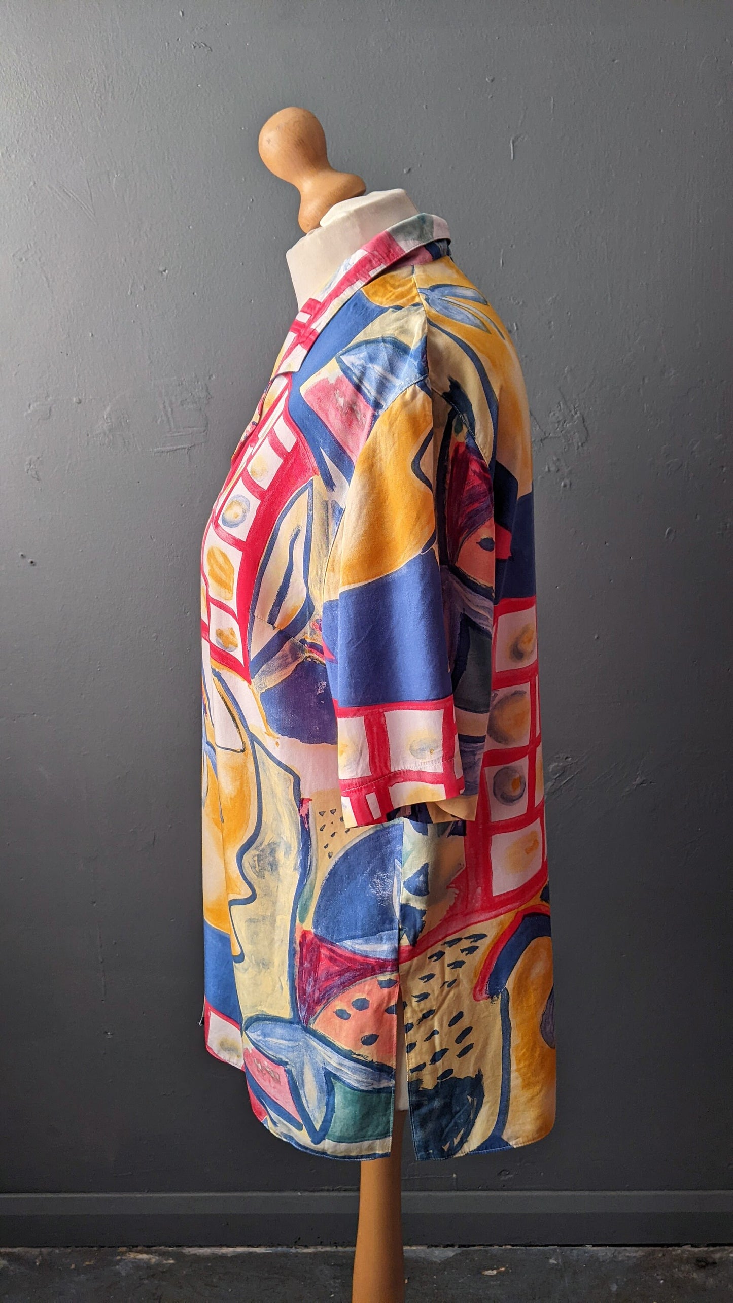 80s Colourful Viscose Blouse, Abstract Fruity Shirt, Size Large XL