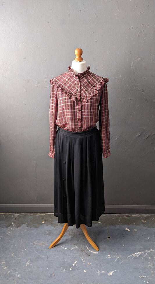 80s Frilly Check Blouse, Eighties Prairie Victoriana, Size Medium