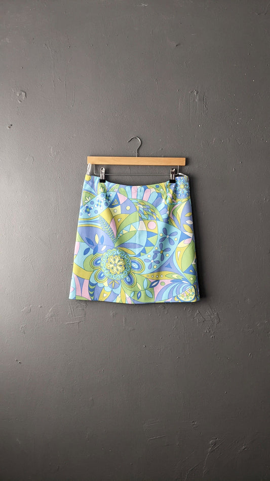 60s Psychedelic A-line Skirt, Colourful Crimplene Miniskirt, Size Small