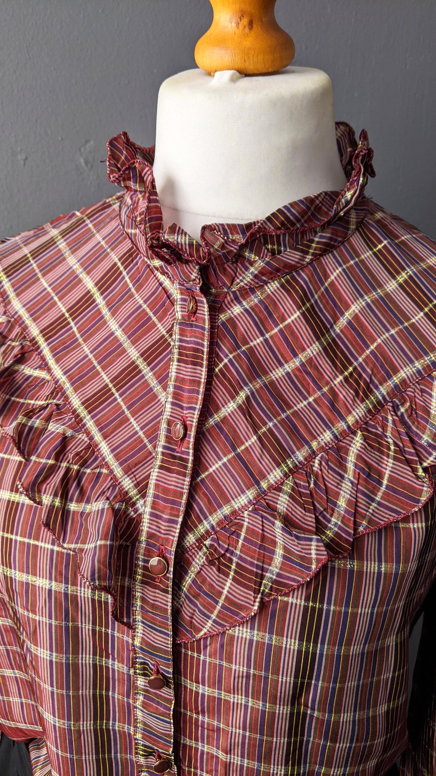 80s Frilly Check Blouse, Eighties Prairie Victoriana, Size Medium