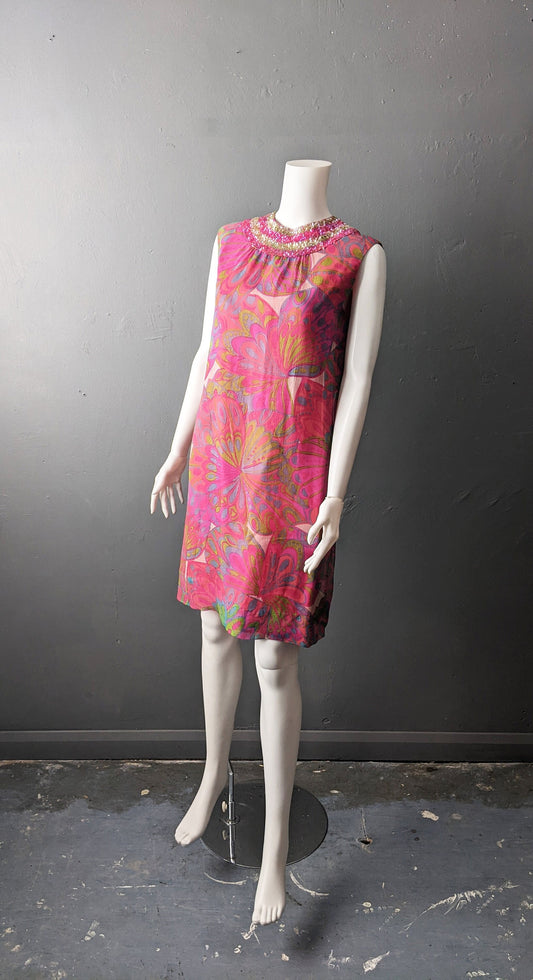 60s Psychedelic Silk Shift Dress with Sequin Collar by Robert Dorland of London, Size Small Medium