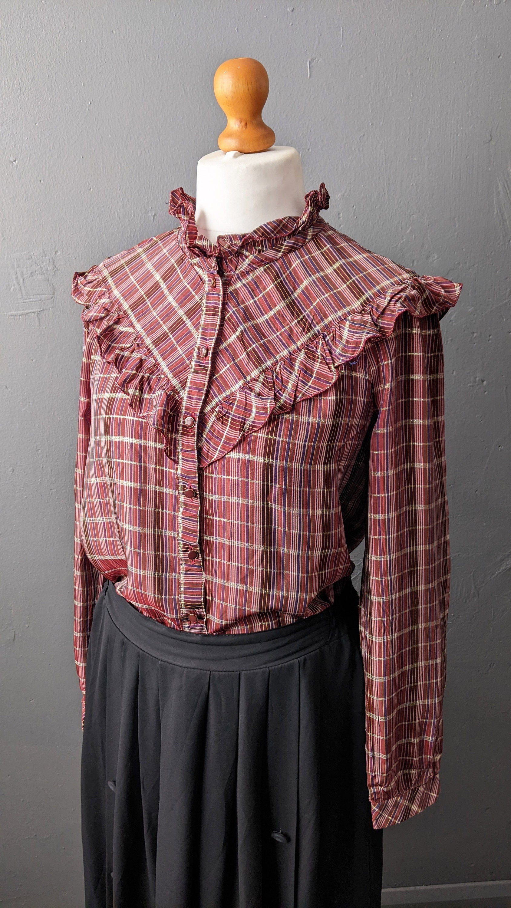 80s Frilly Check Blouse, Eighties Prairie Victoriana, Size Medium