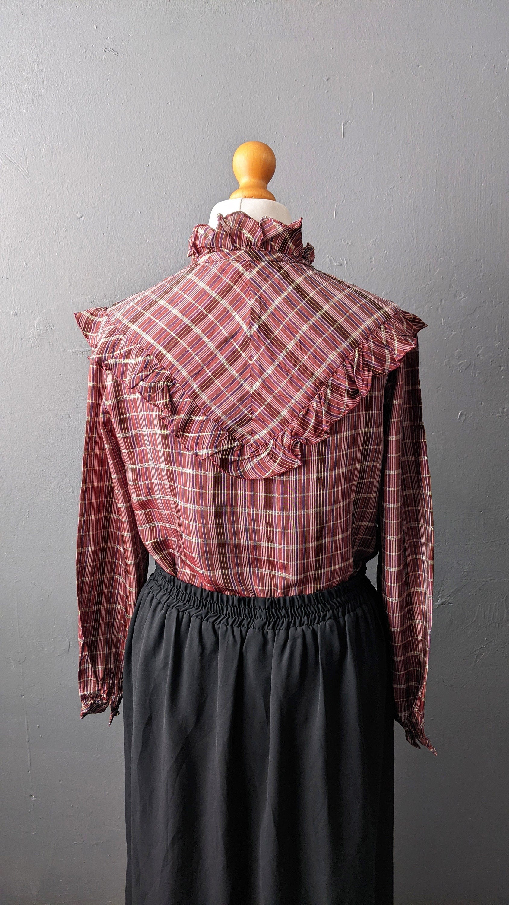 80s Frilly Check Blouse, Eighties Prairie Victoriana, Size Medium