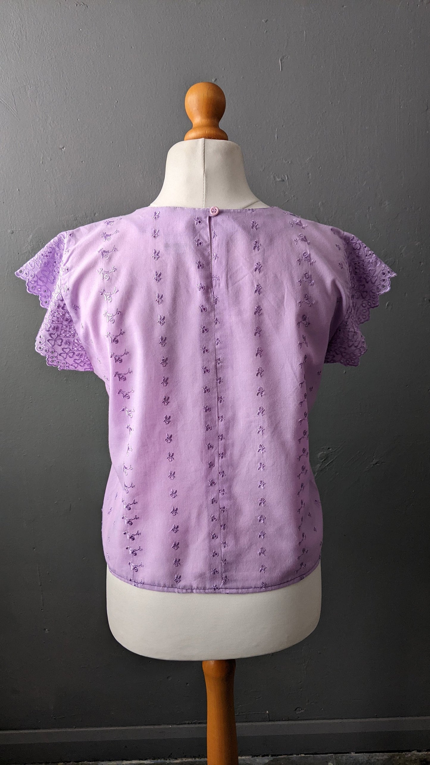 80s Lilac Broderie Anglais Top, Embroidered Eyelet Blouse, Size Medium