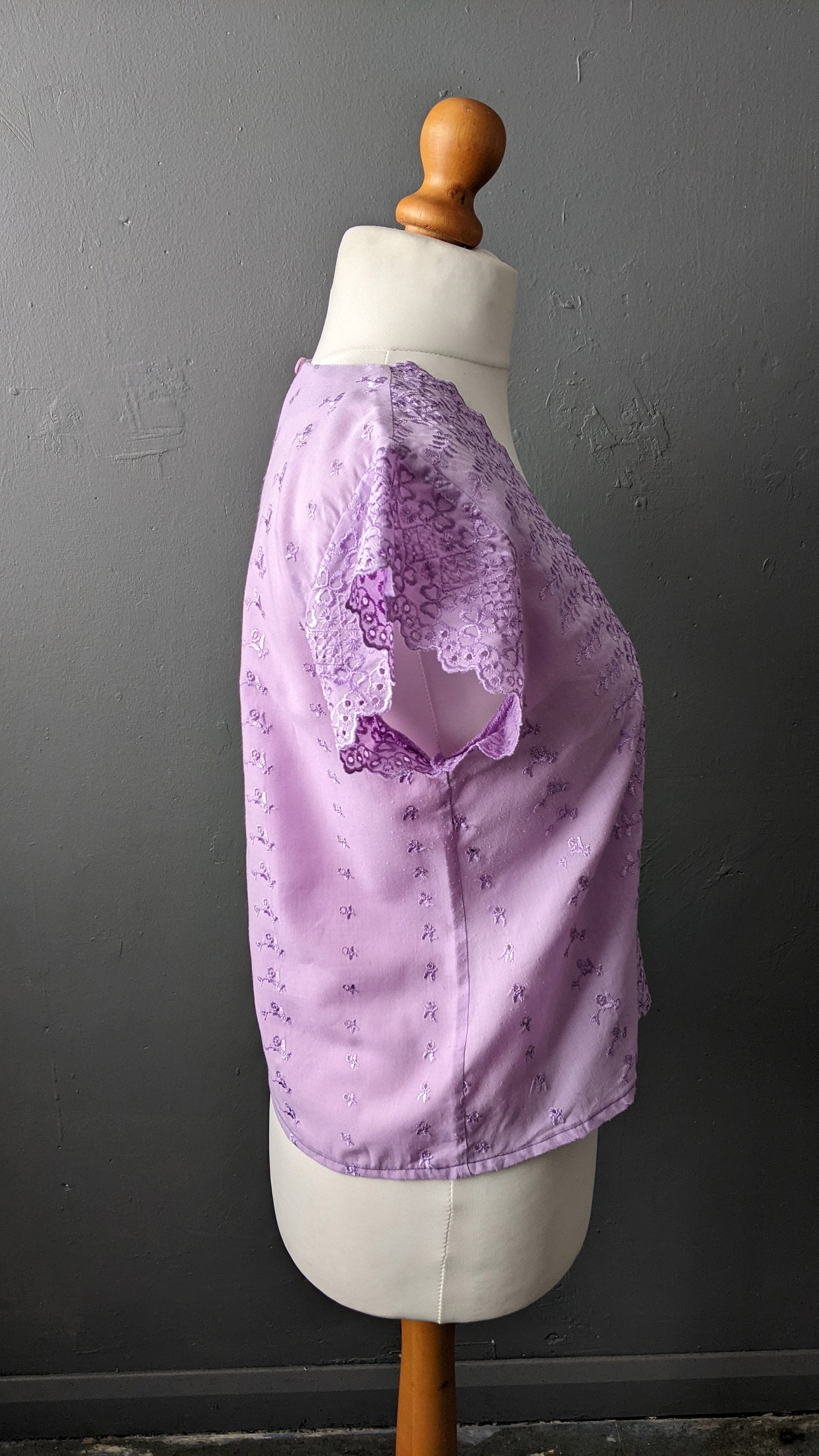 80s Lilac Broderie Anglais Top, Embroidered Eyelet Blouse, Size Medium