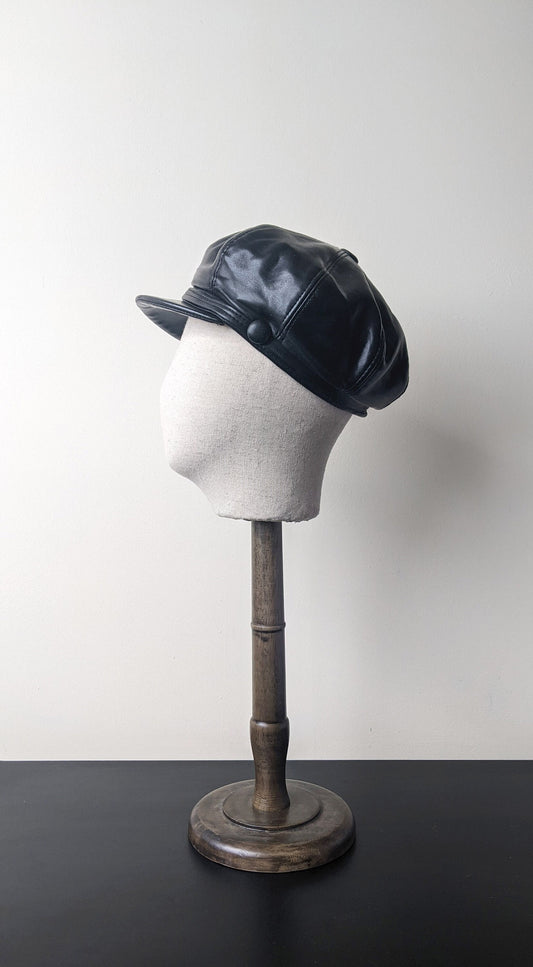 80s Black Leatherette Cap, PVC Baker Boy Hat, Size Small