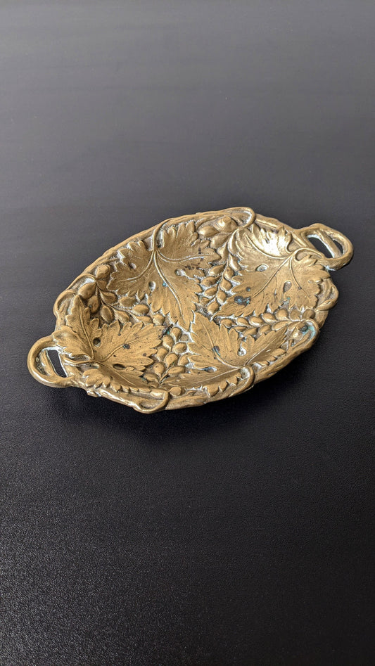 70s Brass Vine Leaf Trinket Dish by Collini Austria, Grape Leaves Shallow Bowl