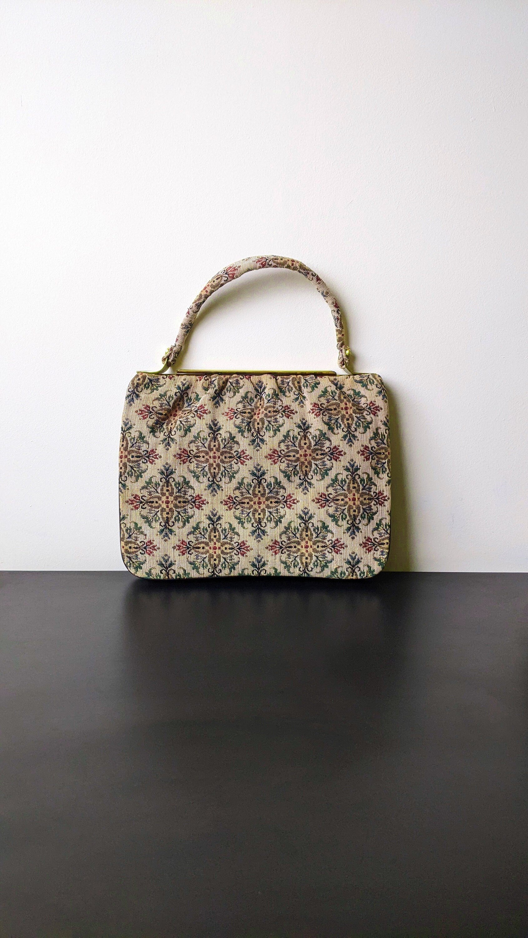 60s Tapestry Handbag with Floral Cross Diamond Pattern, Mid Century Rectangle Carpet Bag.