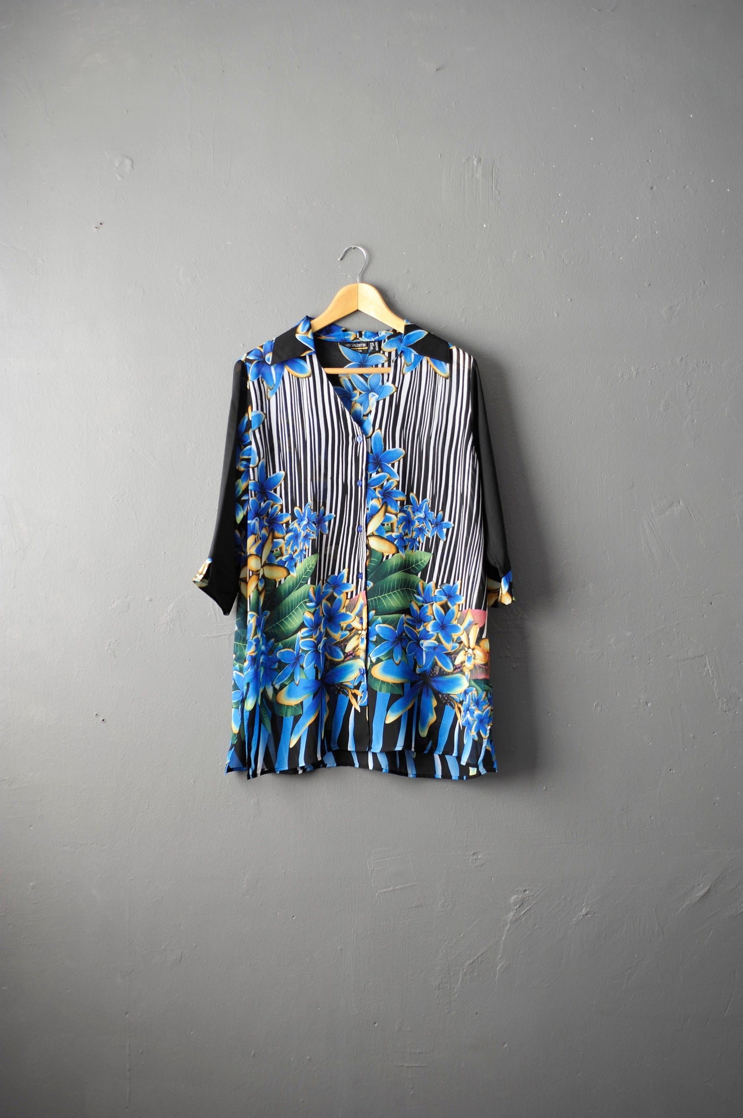 90s Tropical Flowers Chiffon Blouse, Multicoloured Loose Fit Shirt, Size Large