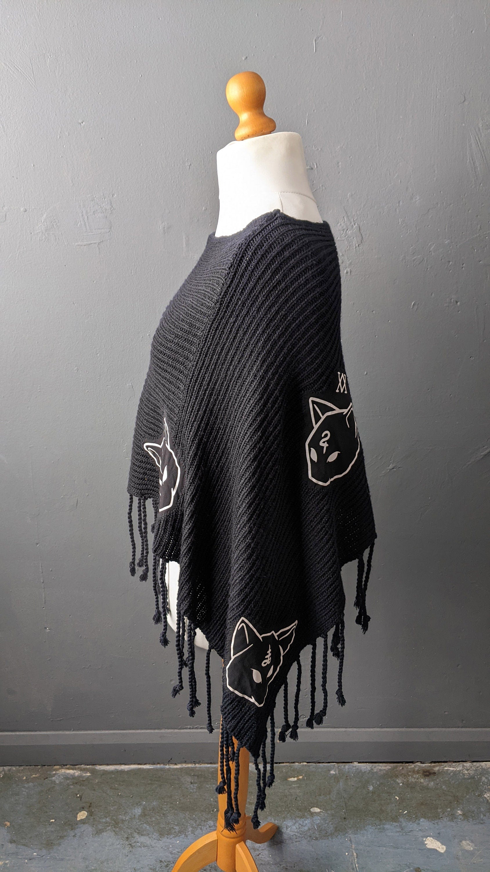 Black Cat Knit Poncho, Nu Goth Cape, Upcycled Occult Clothing