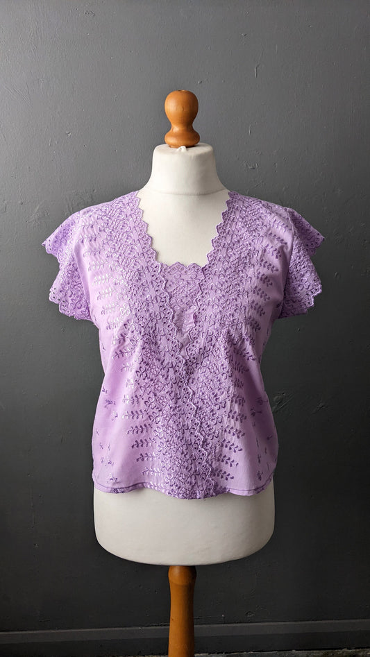 80s Lilac Broderie Anglais Top, Embroidered Eyelet Blouse, Size Medium