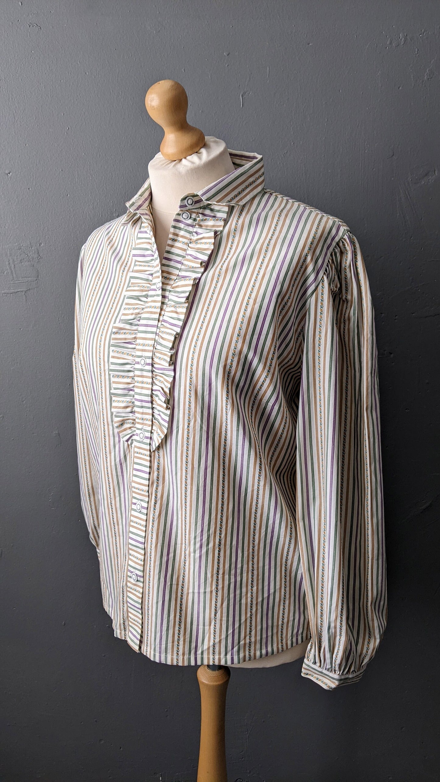 80s Striped Trachten Shirt with Pleated Ruffle Front, XXL Plus Size