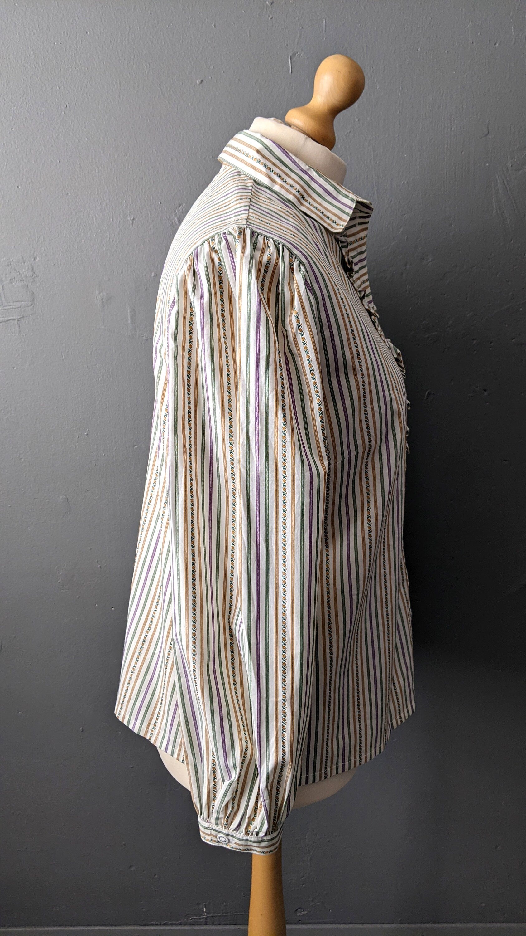 80s Striped Trachten Shirt with Pleated Ruffle Front, XXL Plus Size