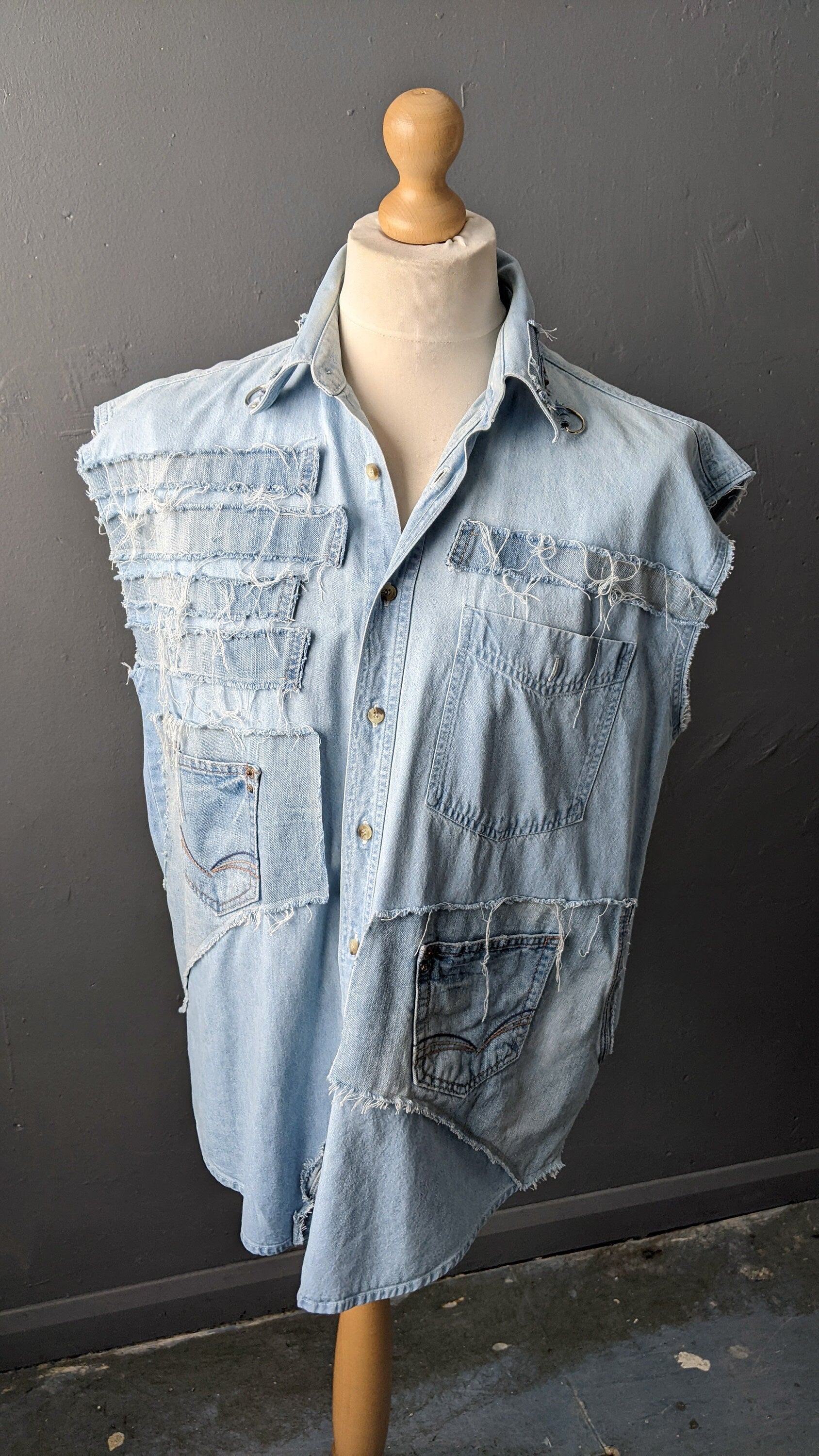 Upcycled Sleeveless Denim Shirt Vest, Frayed Distressed Size Large 42 Chest